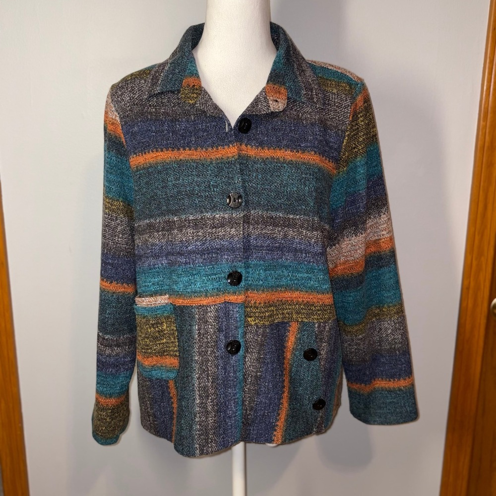 Trisha Tyler Knit Jacket Blue Orange Multi Striped Button Front blazer Funky